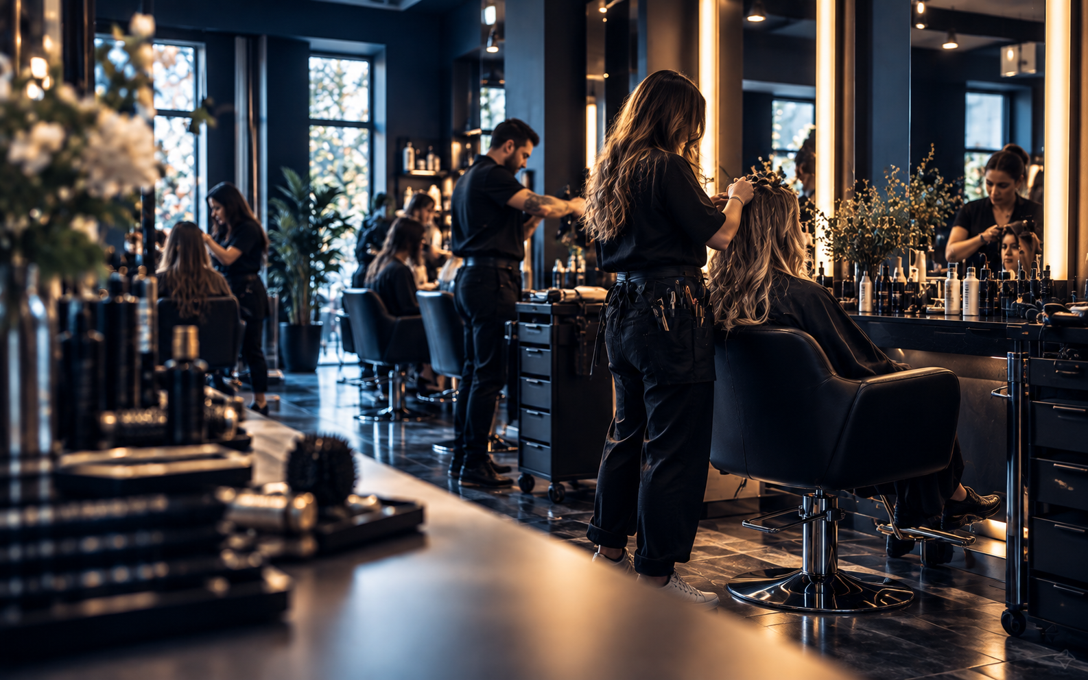 Salone di parrucchieri pieno di clienti e di lavoro